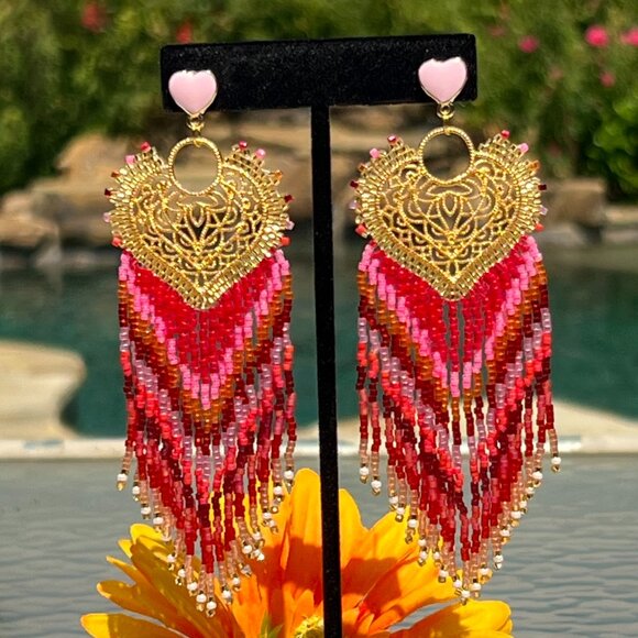 Handmade Beaded Long Fringe Dangle Drop Lightweight Sweetheart Post Earrings - Picture 5 of 10